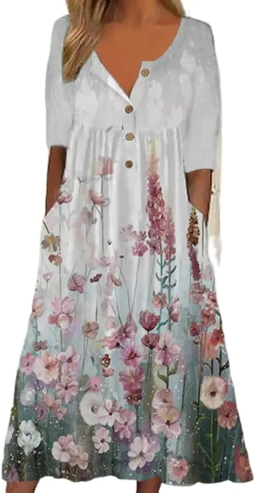 Akivide Women's Button Down V Neck Midi Tshirt Dress Plus Size Boho Summer Short Sleeve Beach Dresses with Pockets 2024