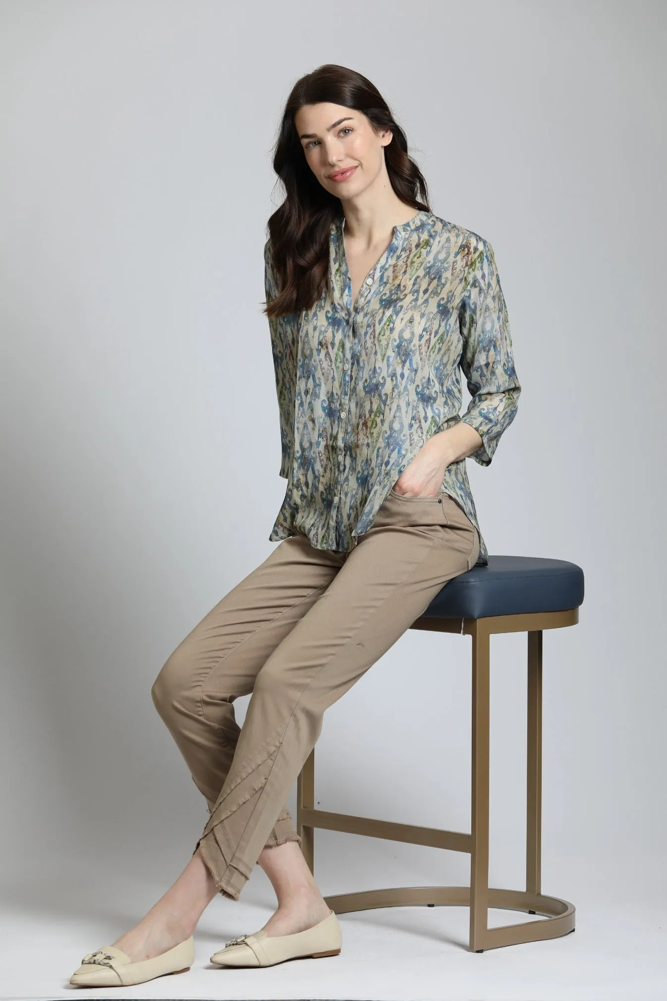 APNY Multicolor Ikat Print  Sleeve Mandarin Collar Button Up Blouse