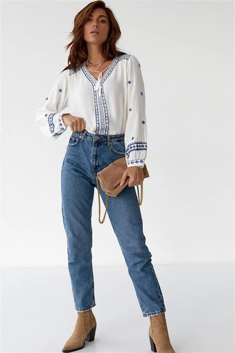 Blue Embroidered Minimalist White Blouse