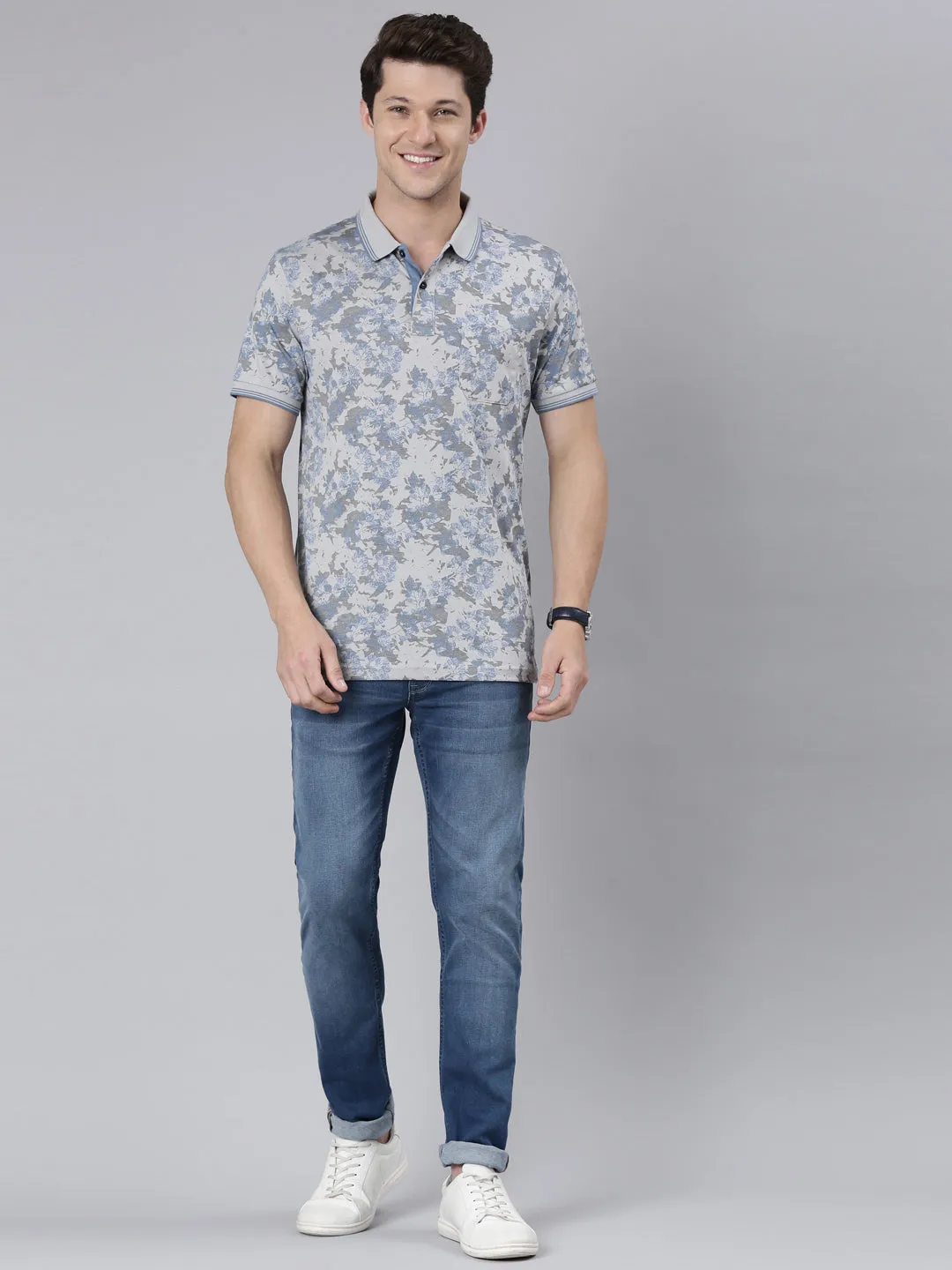 Classic Polo Men's Half Sleeve Lt.Blue Polo Neck Cotton Blend Slim Fit T-Shirt | BELLO - 302 B SF P