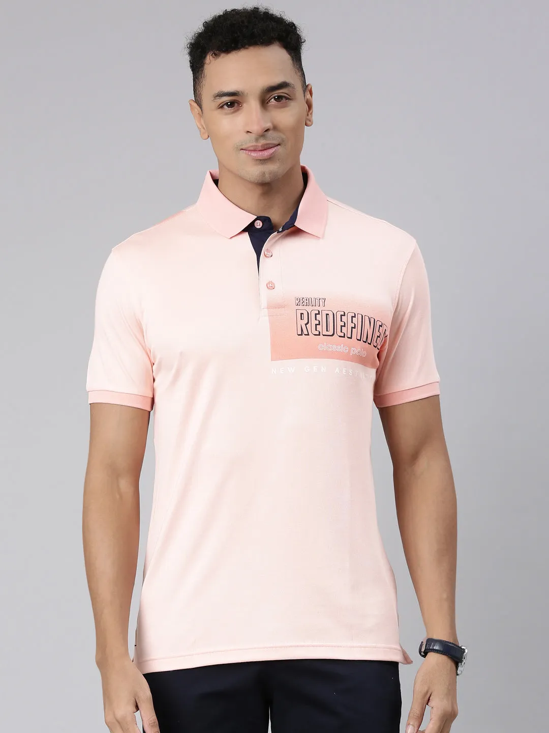 Classic Polo Men's Half Sleeve Peach Polo Neck Cotton Blend Slim Fit T-Shirt | VIVID POLO - 33 B SF P