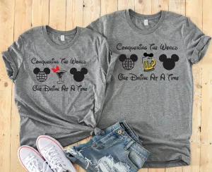 Conquering the World One Drink at a Time Matching Disney Shirts - Disney Couples Shirt - Epcot Food and Wine Festival - Drinking T Shirts