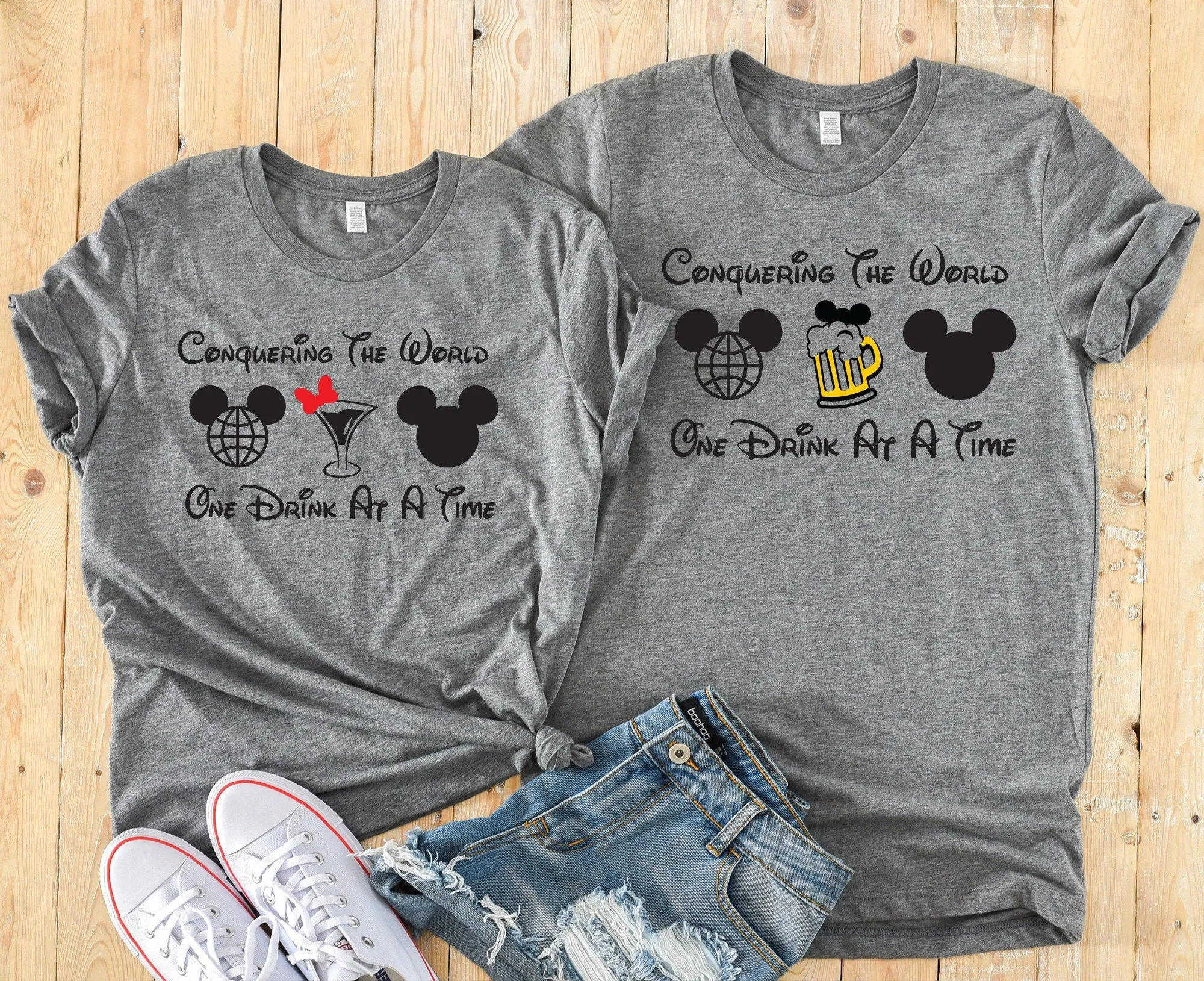 Conquering the World One Drink at a Time Matching Disney Shirts - Disney Couples Shirt - Epcot Food and Wine Festival - Drinking T Shirts