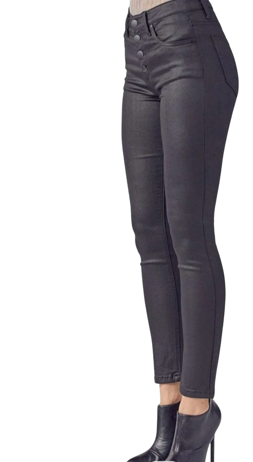 Curvy Risen Button Down Black Skinny Jeans