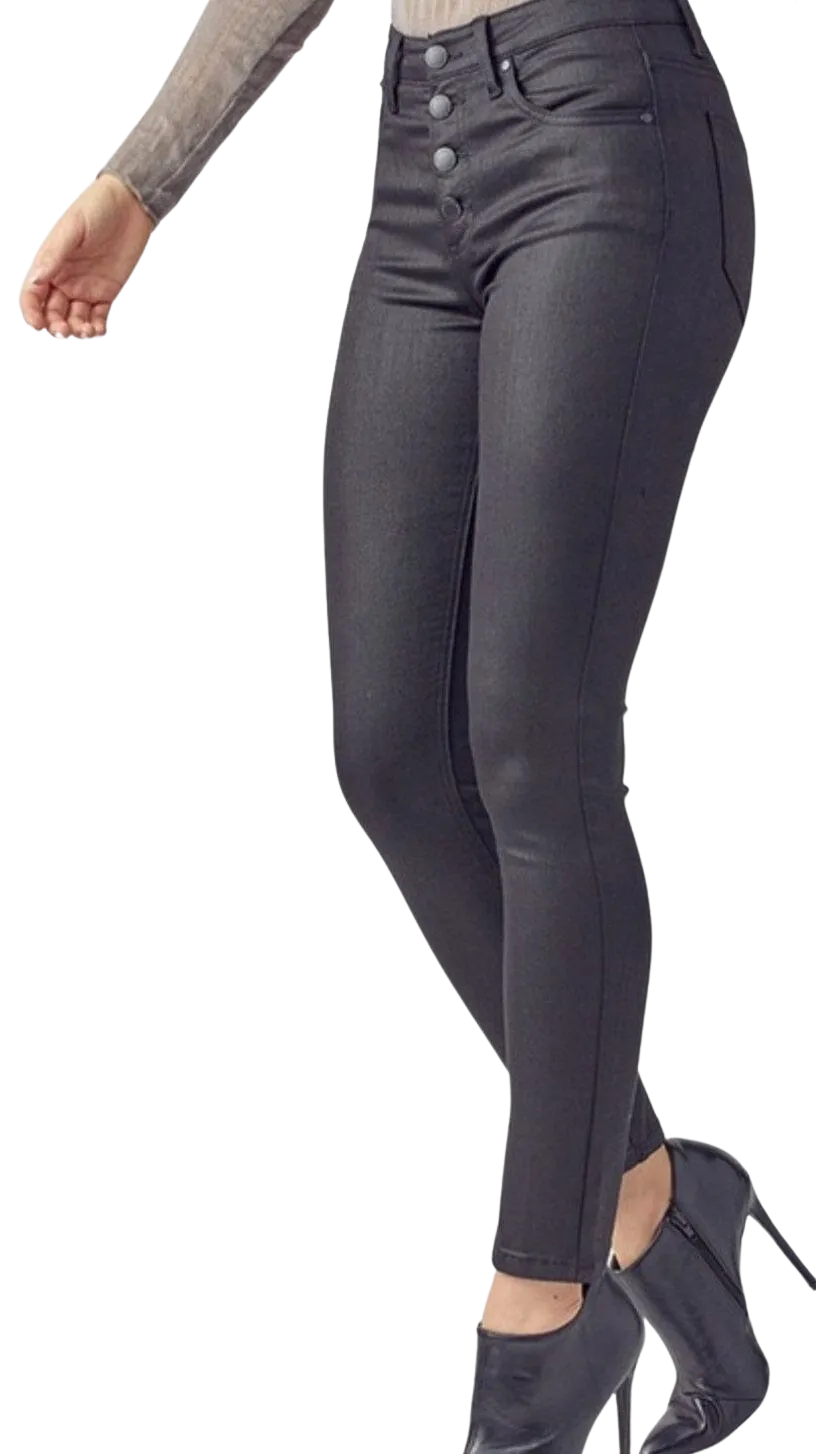 Curvy Risen Button Down Black Skinny Jeans