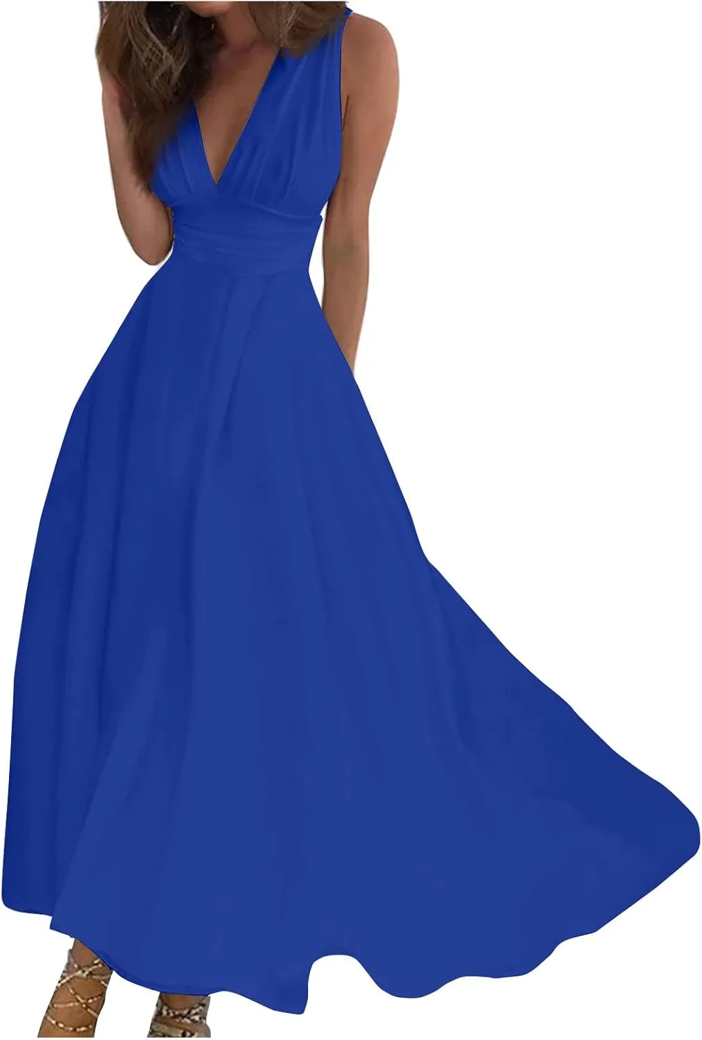 Dresses for Women 2024 Flowy Ruched Wrap V Neck Boho Dress Floral Print Sleeveless Maxi Dress Flowy Beach Dresses
