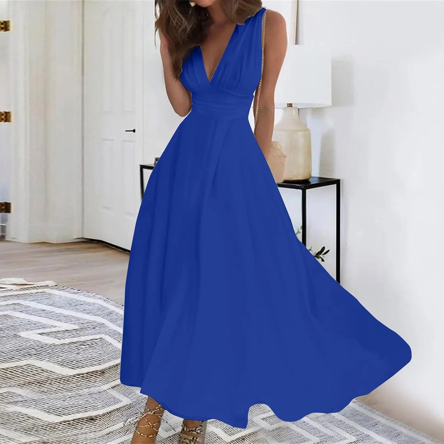 Dresses for Women 2024 Flowy Ruched Wrap V Neck Boho Dress Floral Print Sleeveless Maxi Dress Flowy Beach Dresses