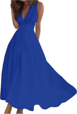 Dresses for Women 2024 Flowy Ruched Wrap V Neck Boho Dress Floral Print Sleeveless Maxi Dress Flowy Beach Dresses