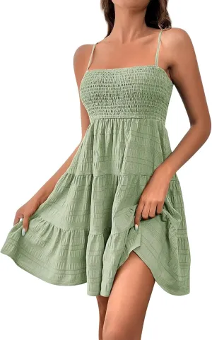 Dresses for Women Short 2025 Cami Mini Dress Sleeveless Spaghetti Strap Flowy Dresses for Women Tiered Ruffle Dress Summer Mini Boho Summer Dress (1-Mint Green,X-Large)