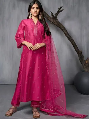 Ethnic Motifs Embroidered Regular Sequinned Pure Silk Kurta with Trousers & Dupatta