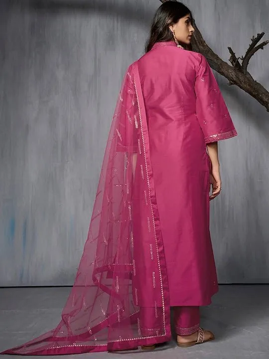 Ethnic Motifs Embroidered Regular Sequinned Pure Silk Kurta with Trousers & Dupatta