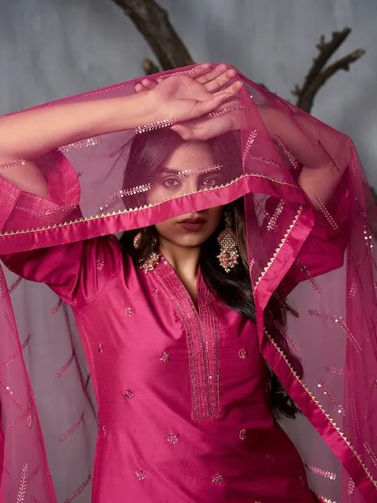 Ethnic Motifs Embroidered Regular Sequinned Pure Silk Kurta with Trousers & Dupatta