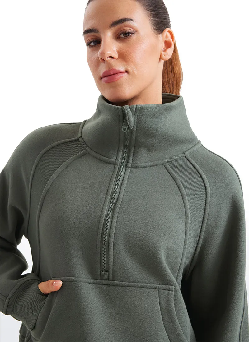 Fleece Lined Half Zip Hoodies Funnel Neck with Thumb Holes