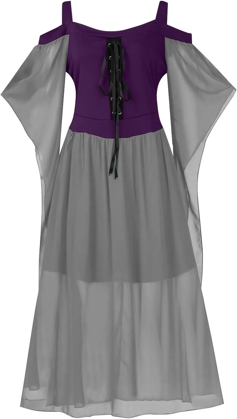 FlekmanArt Halloween Gothic Dress Witchy Dresses for Women Gothic Punk Dress Cold Shoulder Butterfly Sleeve Party Dress