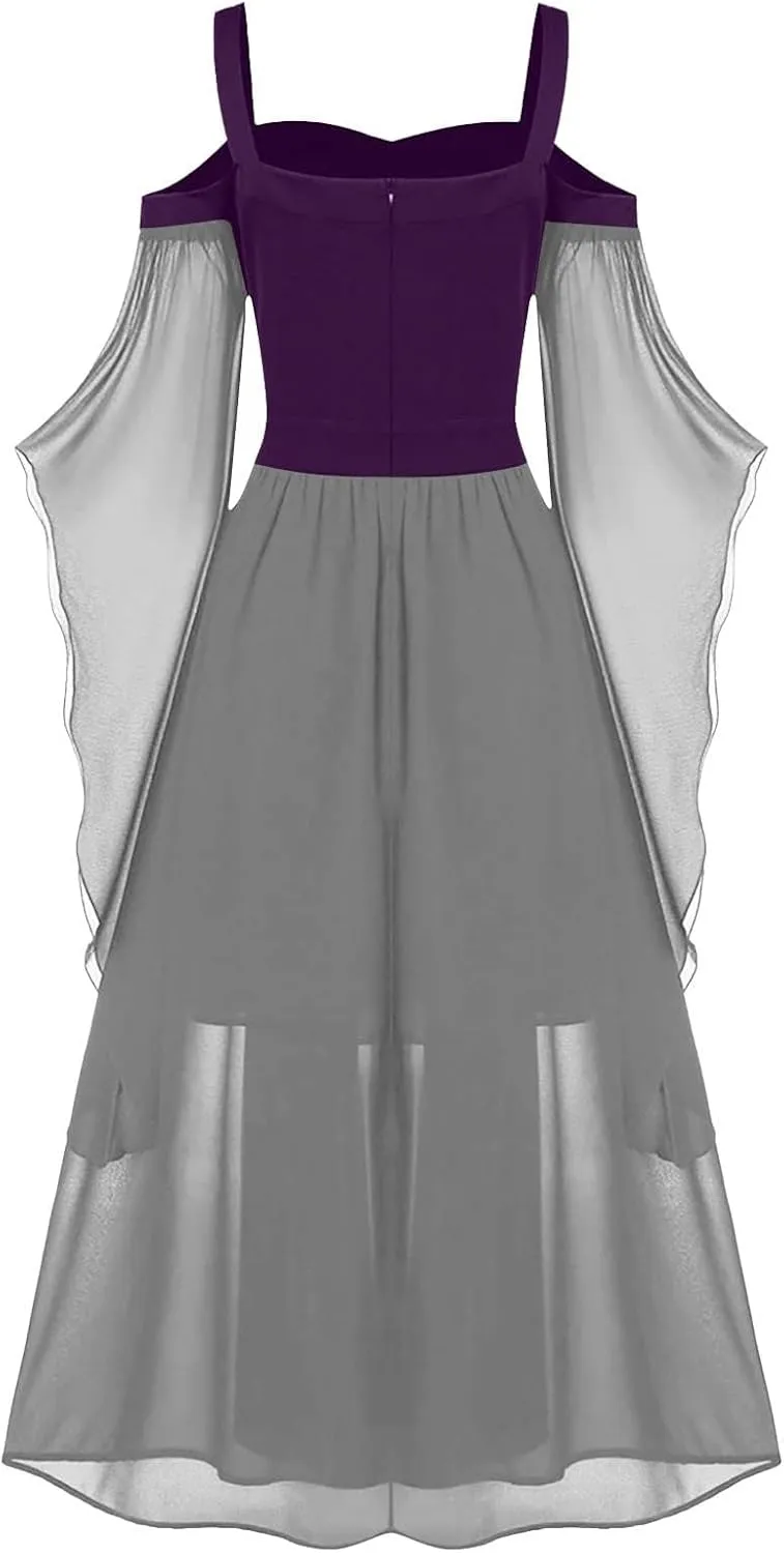 FlekmanArt Halloween Gothic Dress Witchy Dresses for Women Gothic Punk Dress Cold Shoulder Butterfly Sleeve Party Dress