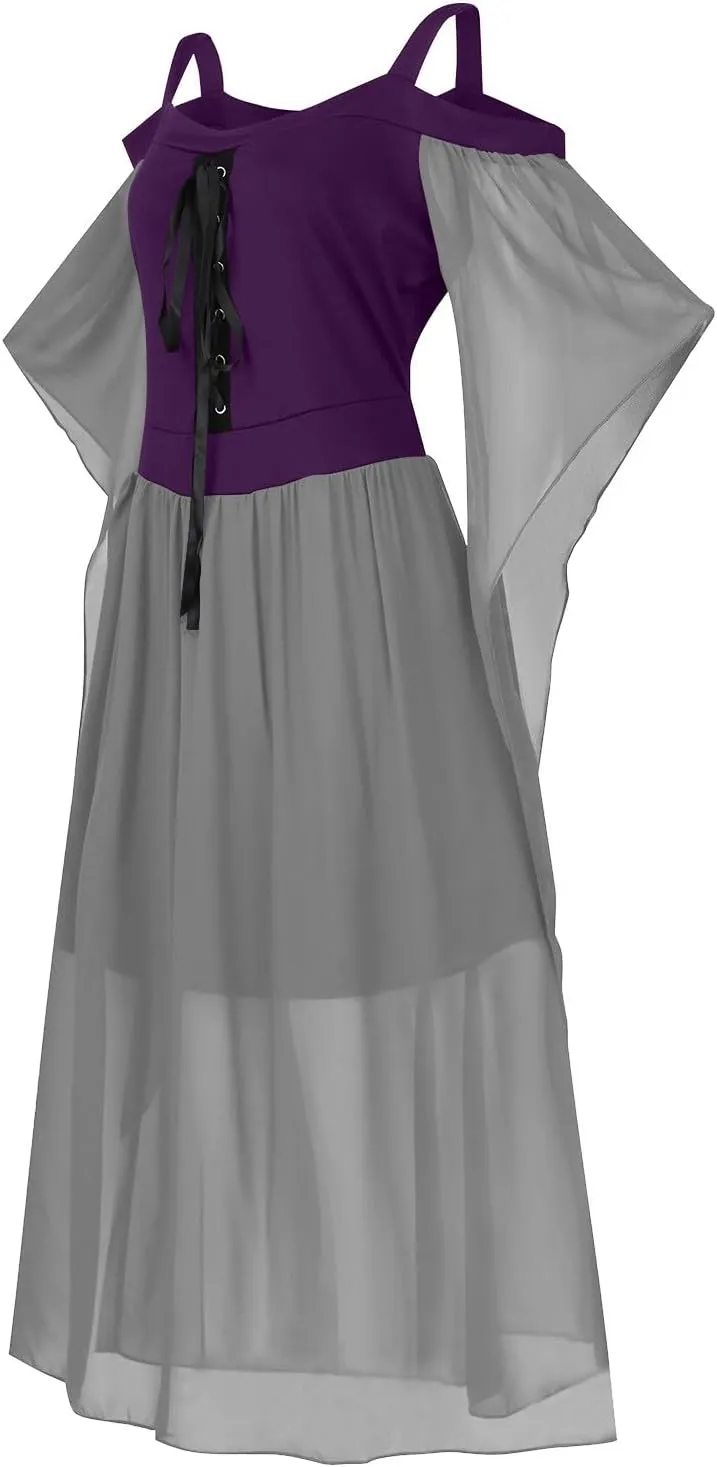 FlekmanArt Halloween Gothic Dress Witchy Dresses for Women Gothic Punk Dress Cold Shoulder Butterfly Sleeve Party Dress