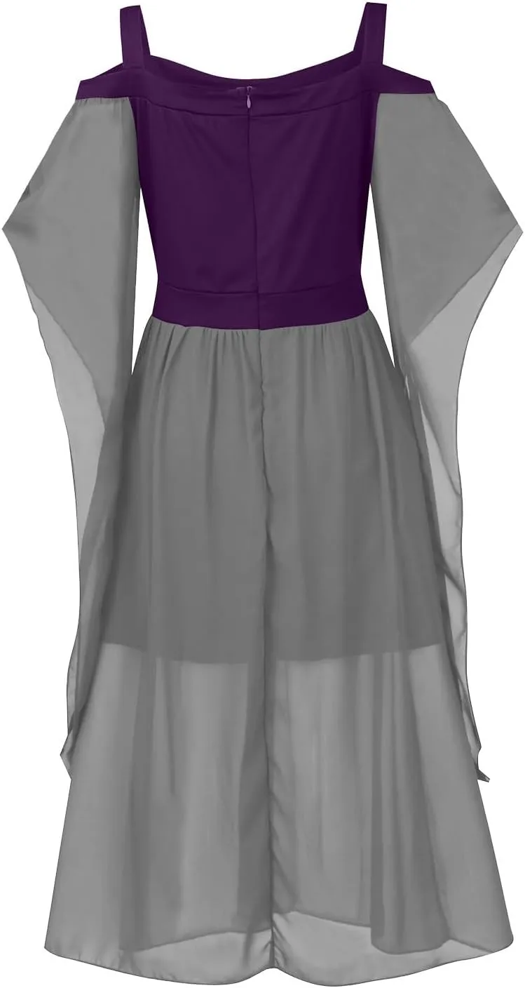 FlekmanArt Halloween Gothic Dress Witchy Dresses for Women Gothic Punk Dress Cold Shoulder Butterfly Sleeve Party Dress