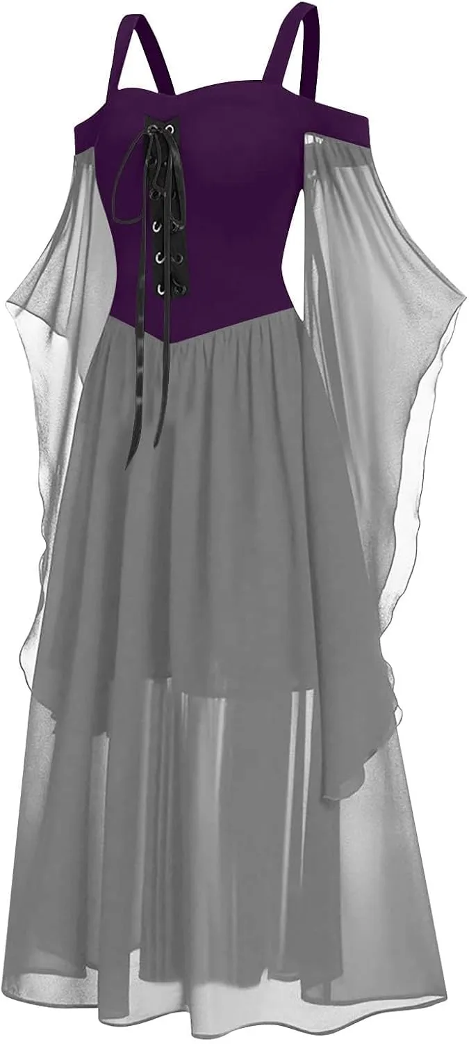 FlekmanArt Halloween Gothic Dress Witchy Dresses for Women Gothic Punk Dress Cold Shoulder Butterfly Sleeve Party Dress
