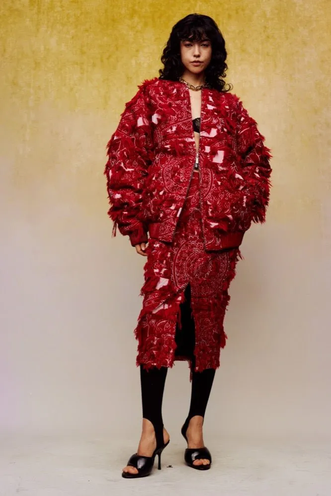 Heavy Brushed Jacquard Cotton Jacket in Red