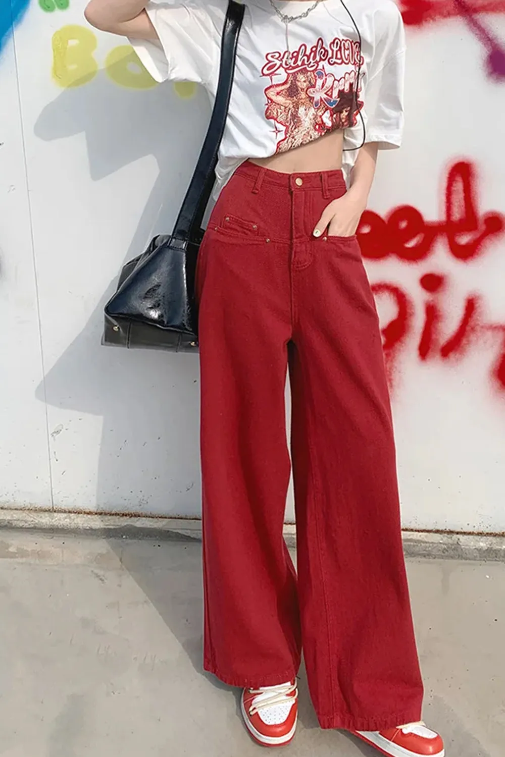 High Waist Casual Red Colors Long Pants