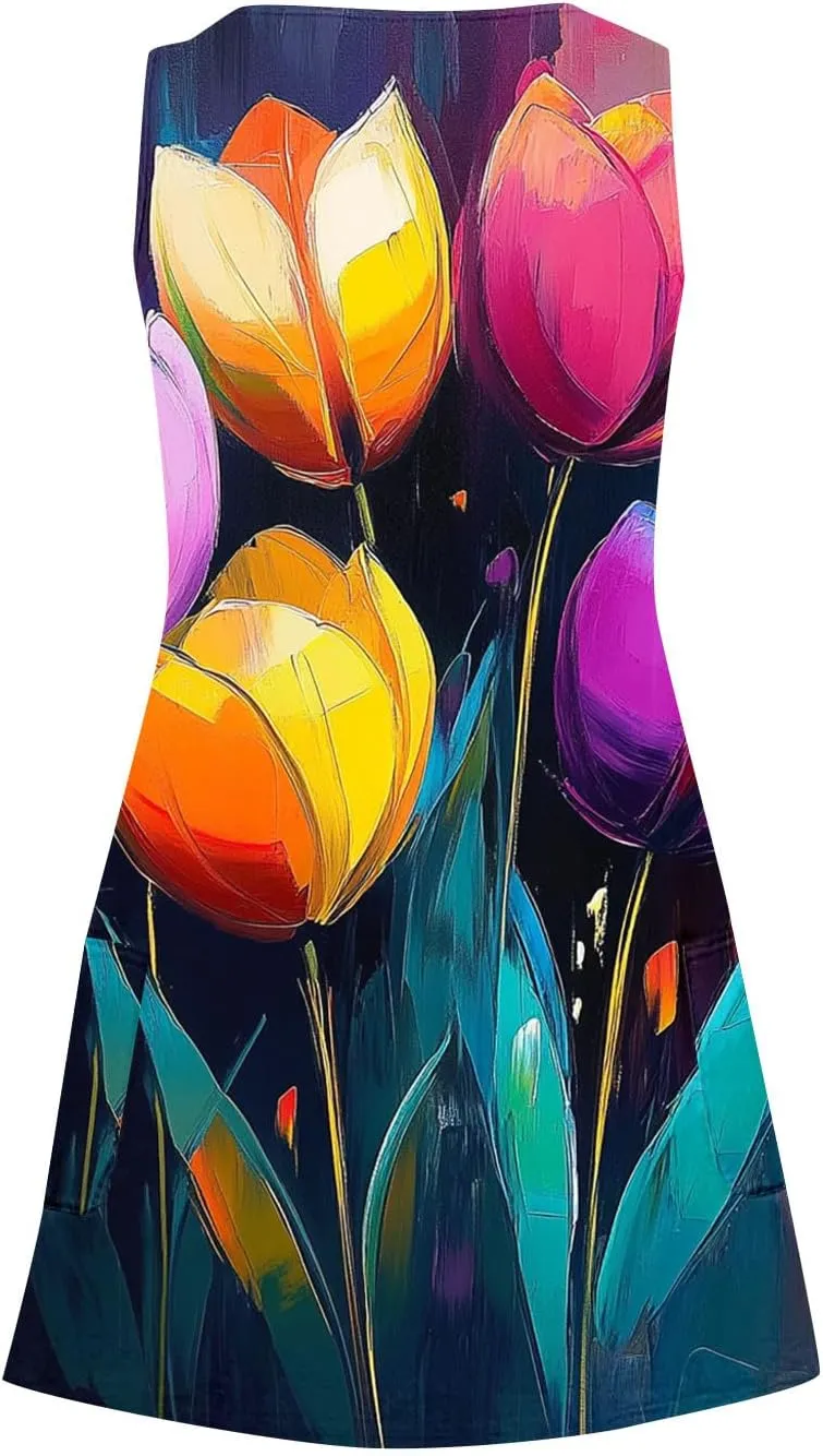 hlysgo Vacation Dresses for Women 2025 Summer Sleeveless V Neck Mini Dress A-Line Flowy Beach Coverup Sundress with Pockets