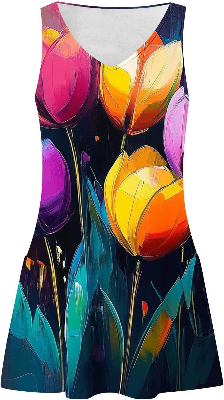 hlysgo Vacation Dresses for Women 2025 Summer Sleeveless V Neck Mini Dress A-Line Flowy Beach Coverup Sundress with Pockets