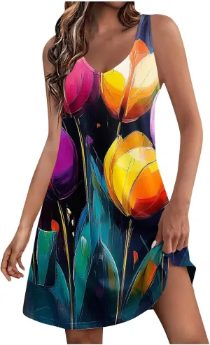 hlysgo Vacation Dresses for Women 2025 Summer Sleeveless V Neck Mini Dress A-Line Flowy Beach Coverup Sundress with Pockets