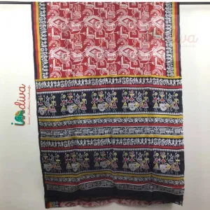 Indiva Red & Black Murshidabad Silk Block Printed Saree with Worli Motifs