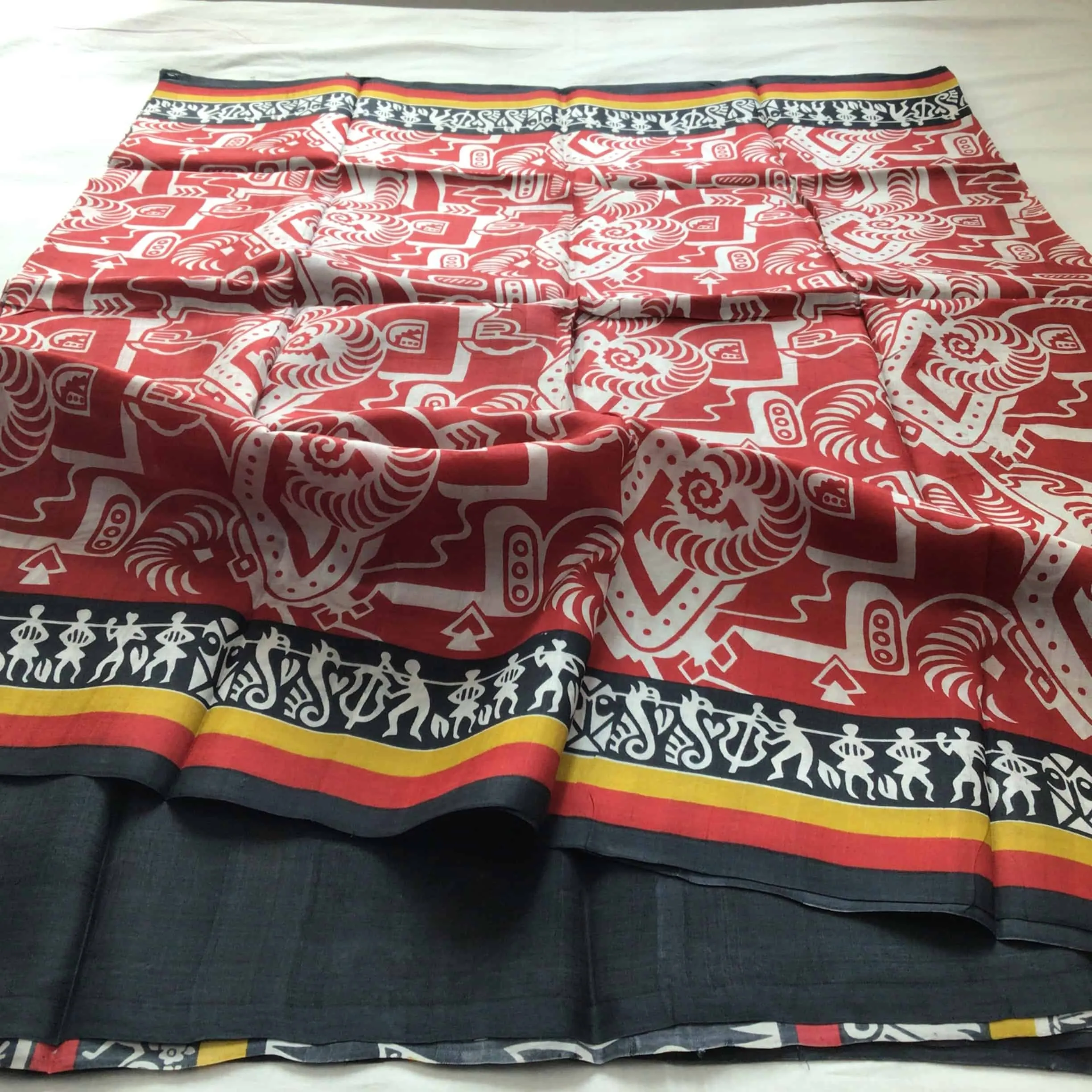 Indiva Red & Black Murshidabad Silk Block Printed Saree with Worli Motifs