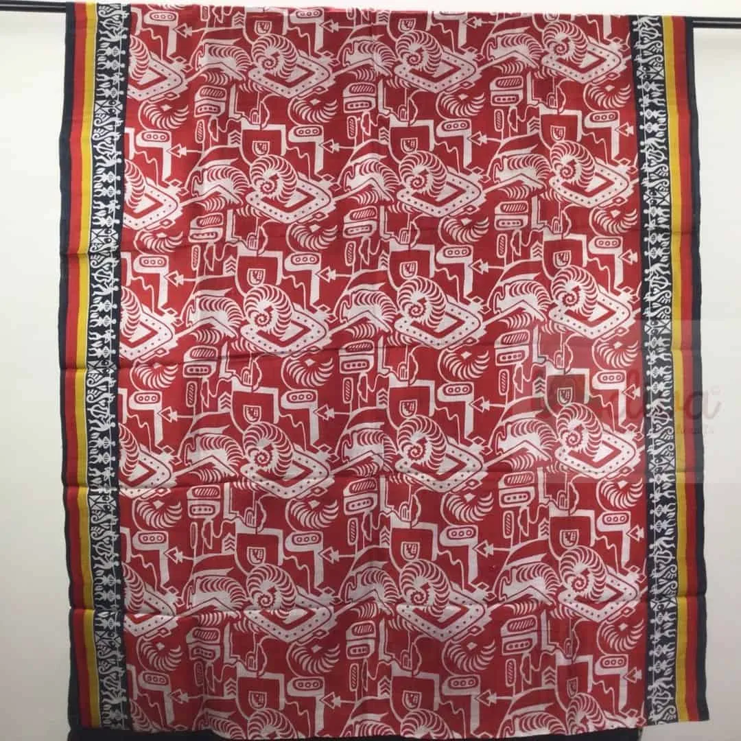 Indiva Red & Black Murshidabad Silk Block Printed Saree with Worli Motifs