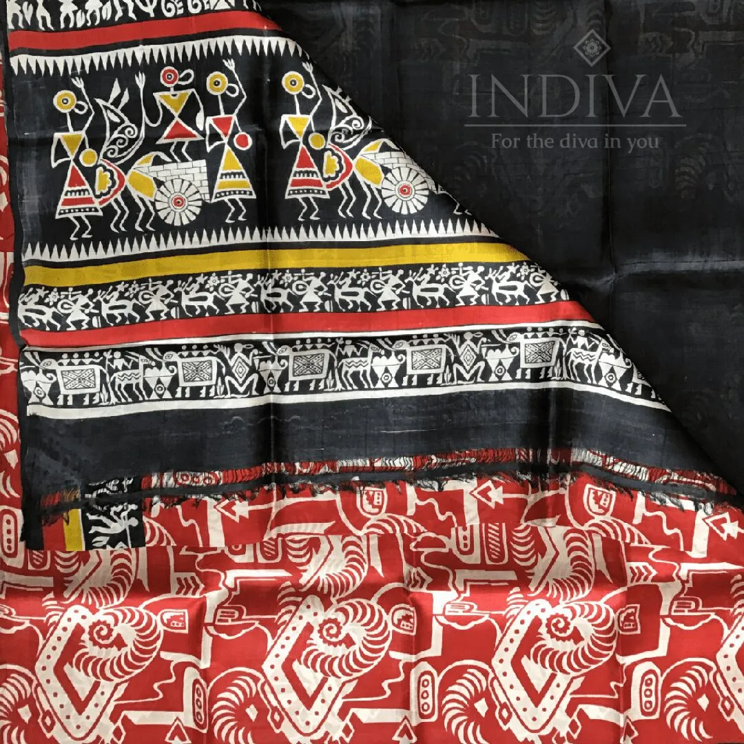 Indiva Red & Black Murshidabad Silk Block Printed Saree with Worli Motifs