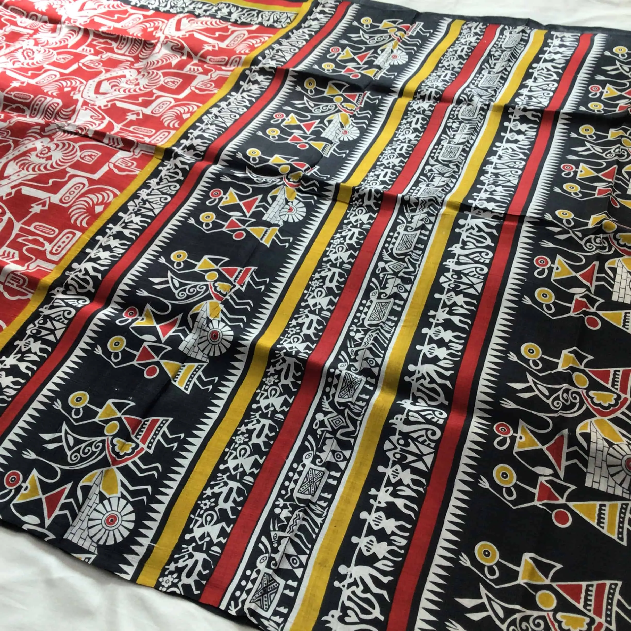 Indiva Red & Black Murshidabad Silk Block Printed Saree with Worli Motifs