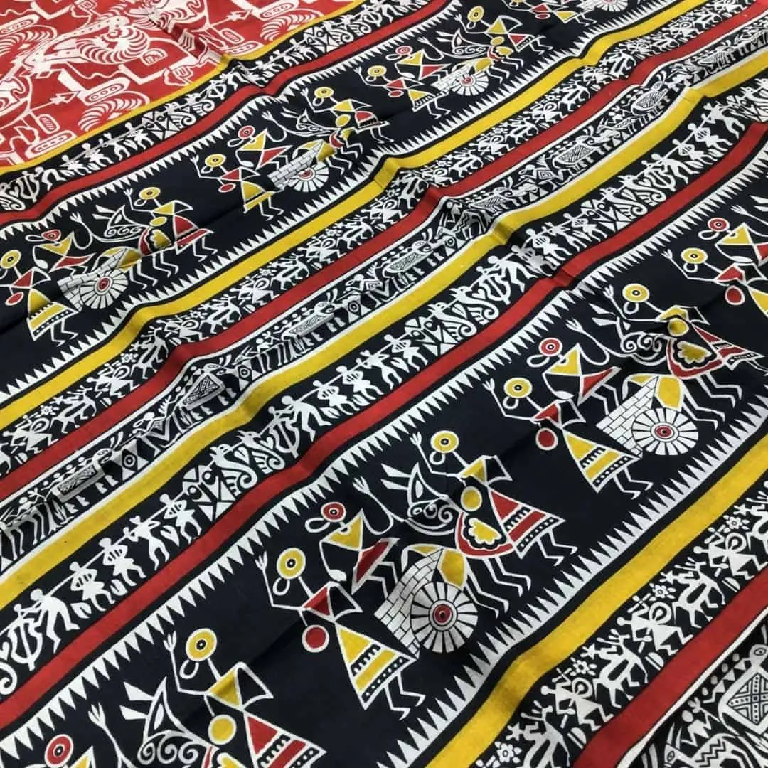 Indiva Red & Black Murshidabad Silk Block Printed Saree with Worli Motifs