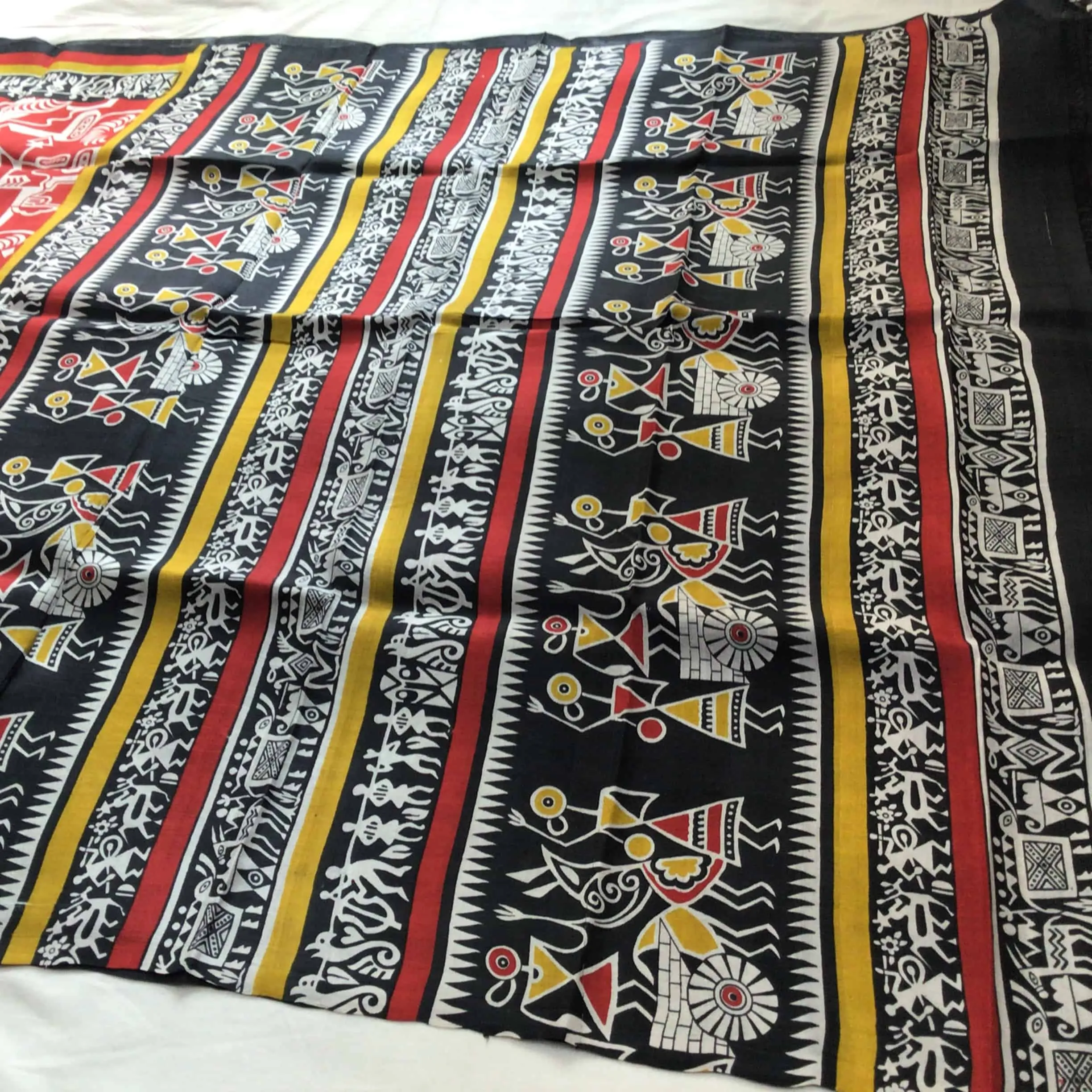 Indiva Red & Black Murshidabad Silk Block Printed Saree with Worli Motifs