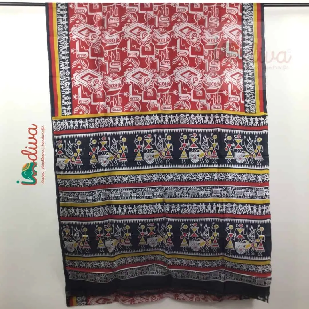 Indiva Red & Black Murshidabad Silk Block Printed Saree with Worli Motifs