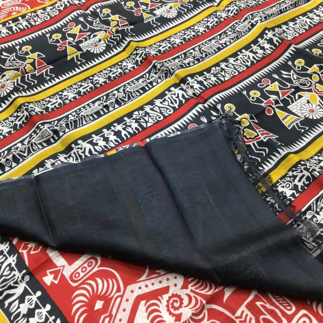 Indiva Red & Black Murshidabad Silk Block Printed Saree with Worli Motifs
