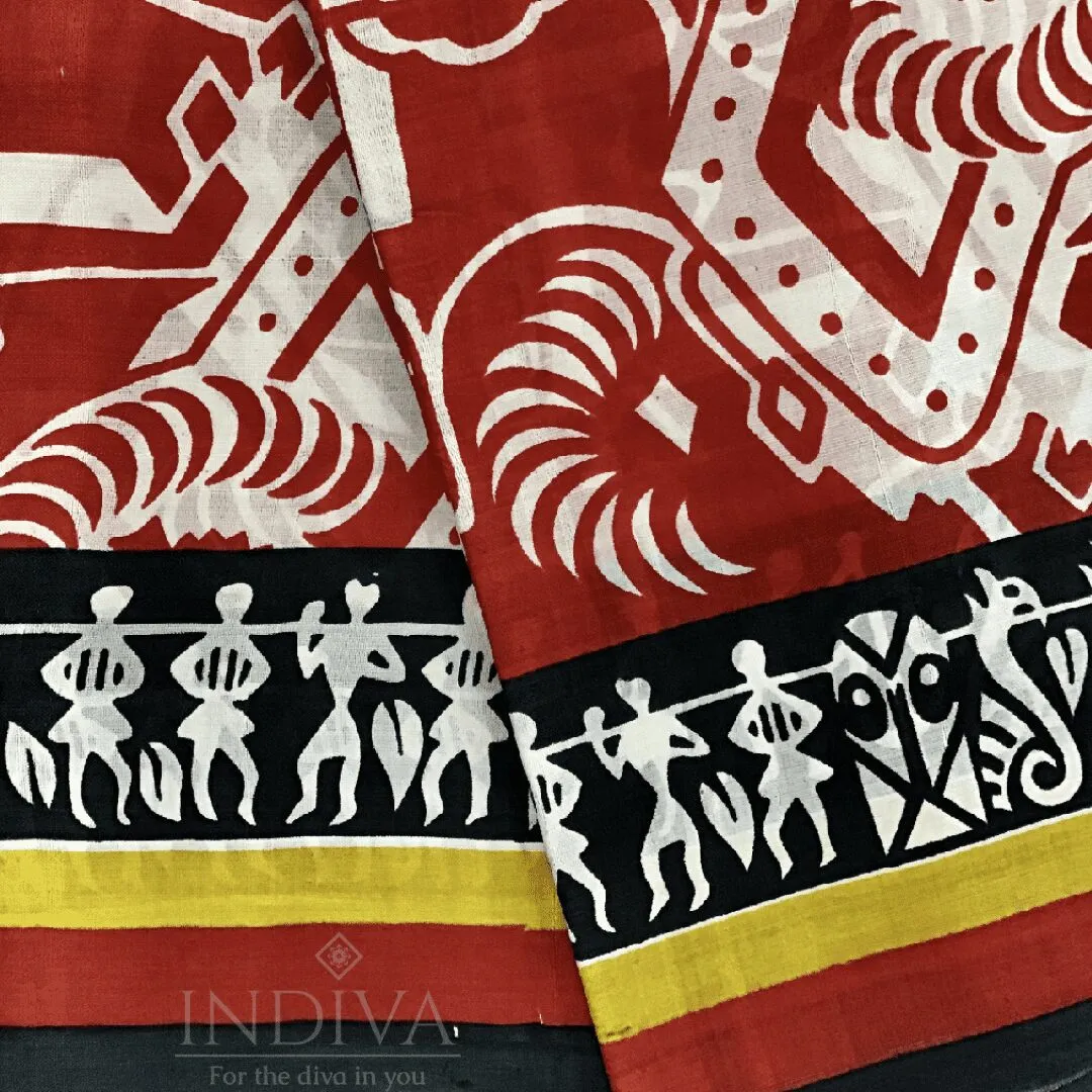 Indiva Red & Black Murshidabad Silk Block Printed Saree with Worli Motifs