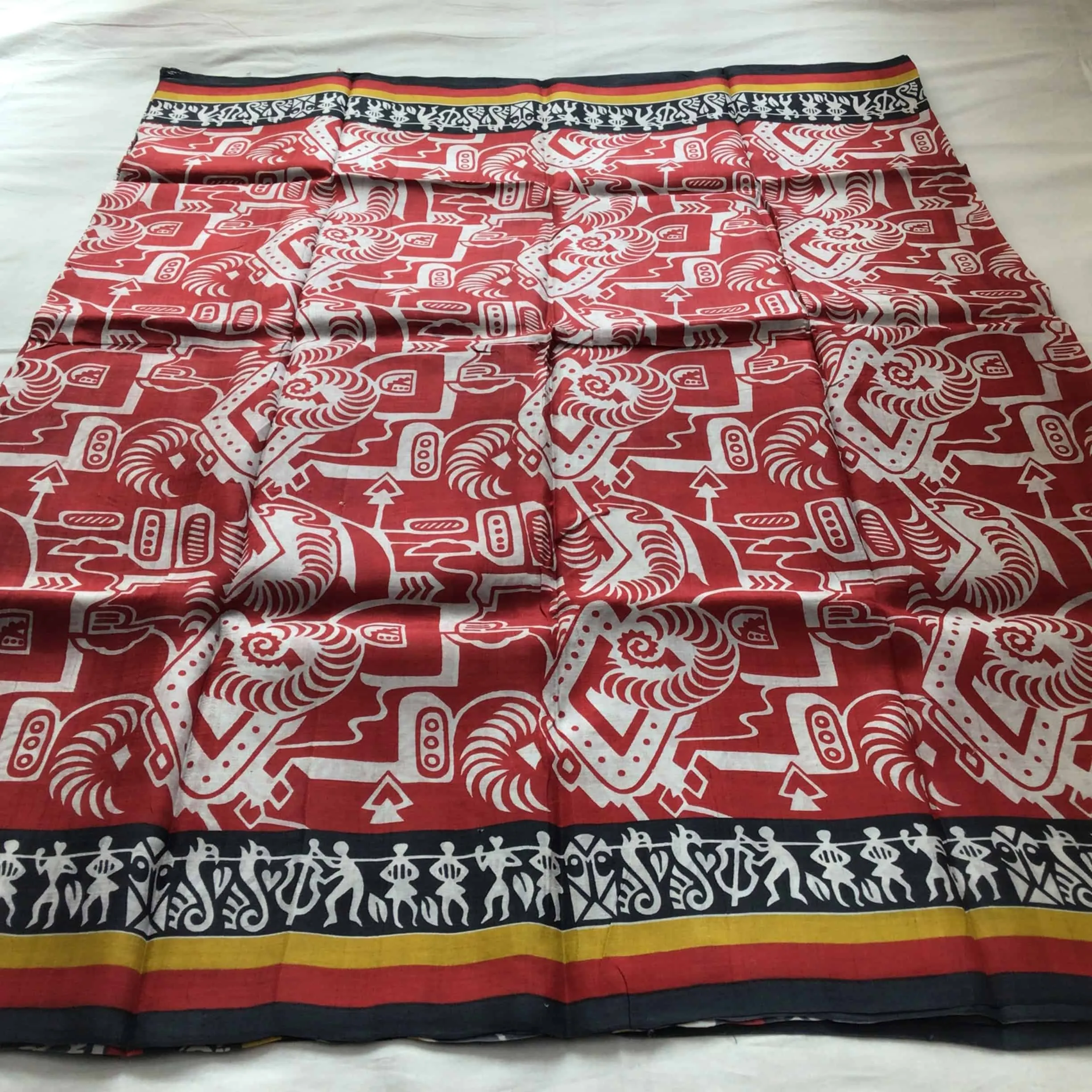 Indiva Red & Black Murshidabad Silk Block Printed Saree with Worli Motifs