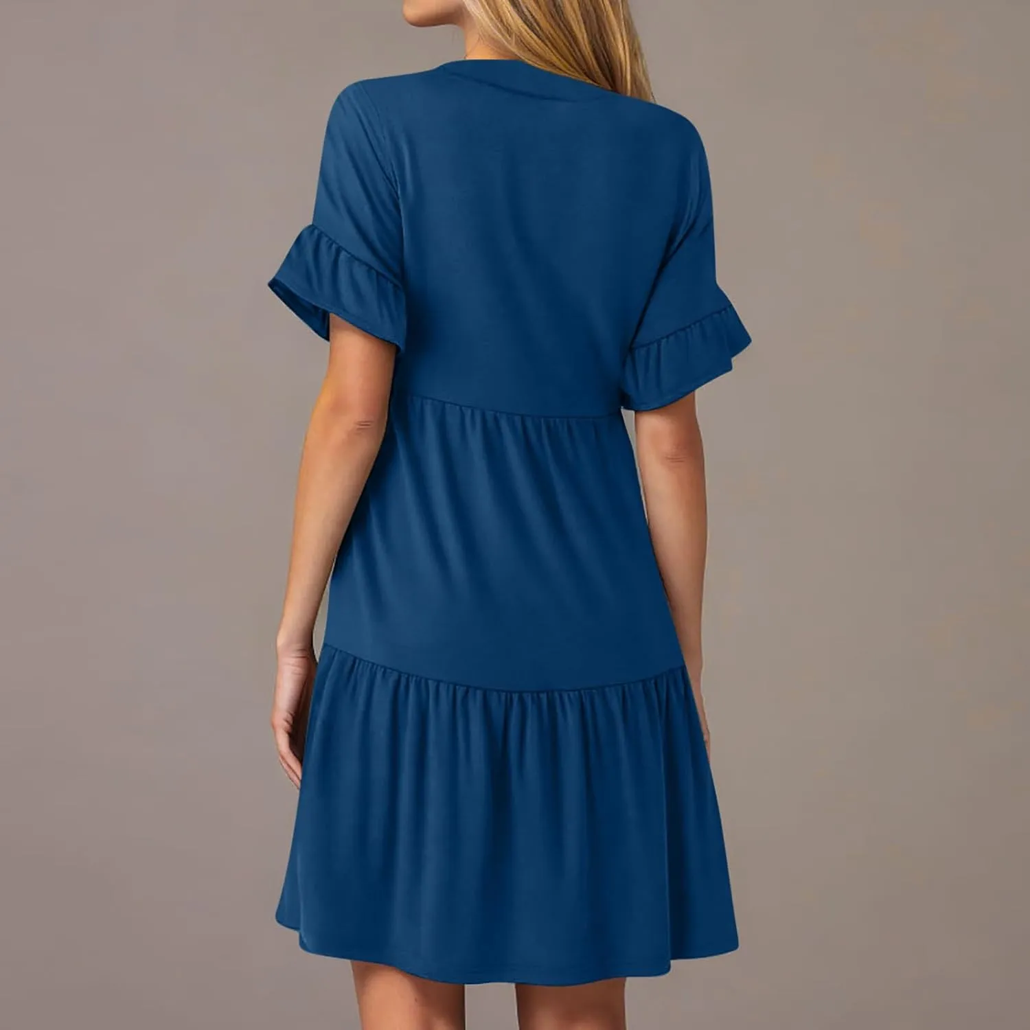 Lmdudan Dresses for Women Summer V Neck Ruffle Sleeve A Line Tiered Flowy Dresses Casual Trendy Mini Beach Dress with Pockets