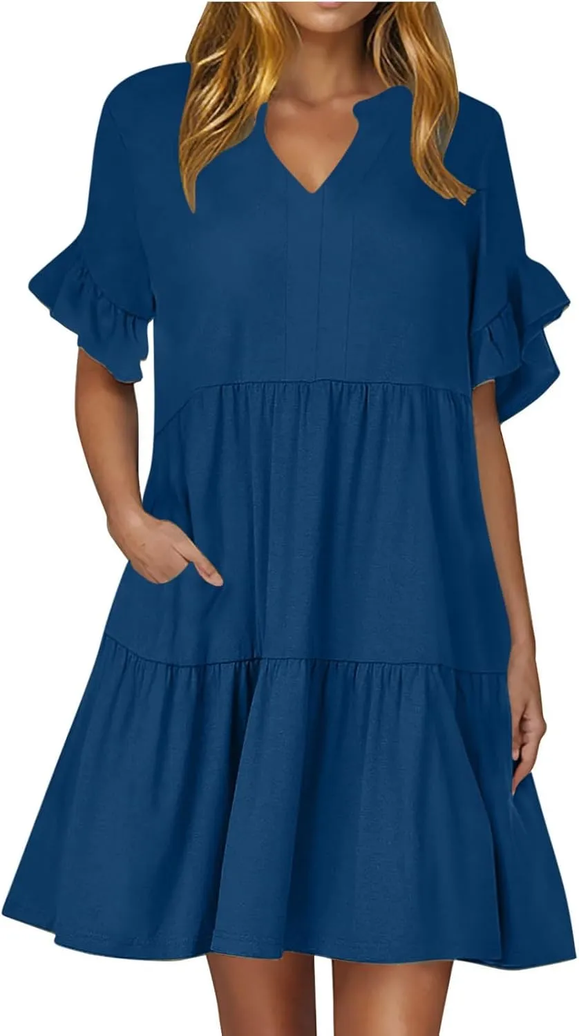 Lmdudan Dresses for Women Summer V Neck Ruffle Sleeve A Line Tiered Flowy Dresses Casual Trendy Mini Beach Dress with Pockets