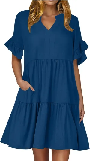 Lmdudan Dresses for Women Summer V Neck Ruffle Sleeve A Line Tiered Flowy Dresses Casual Trendy Mini Beach Dress with Pockets