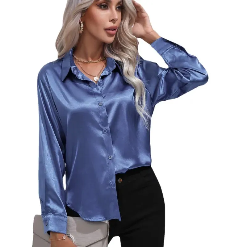 Luxe Satin Elegance - Women's Relaxed Fit Button-Up Blouse