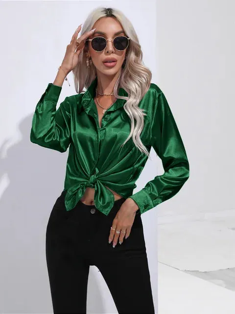 Luxe Satin Elegance - Women's Relaxed Fit Button-Up Blouse