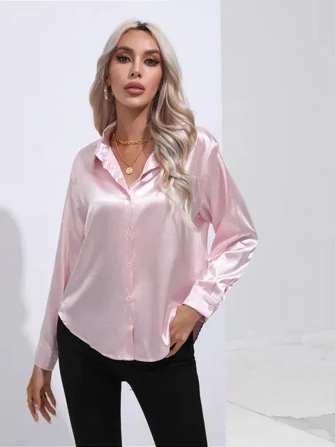 Luxe Satin Elegance - Women's Relaxed Fit Button-Up Blouse