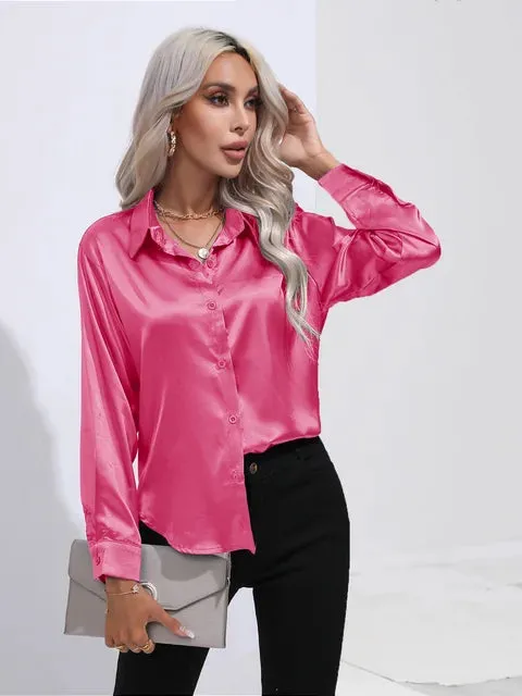 Luxe Satin Elegance - Women's Relaxed Fit Button-Up Blouse