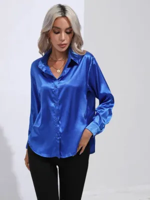 Luxe Satin Elegance - Women's Relaxed Fit Button-Up Blouse