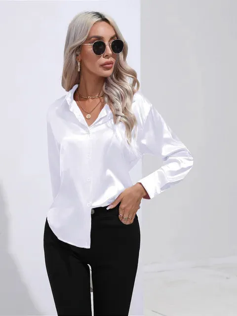 Luxe Satin Elegance - Women's Relaxed Fit Button-Up Blouse