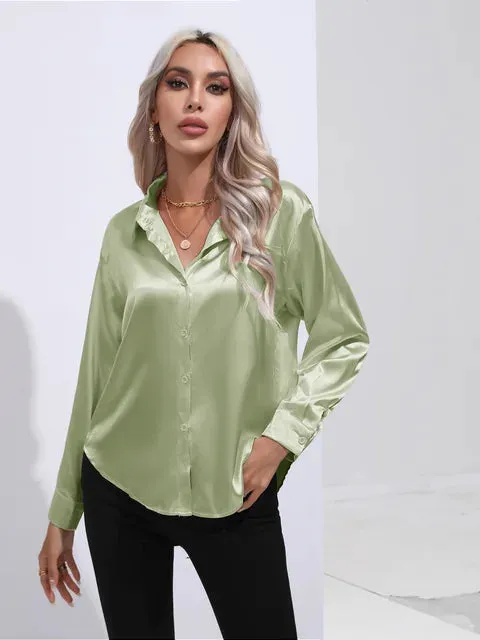 Luxe Satin Elegance - Women's Relaxed Fit Button-Up Blouse