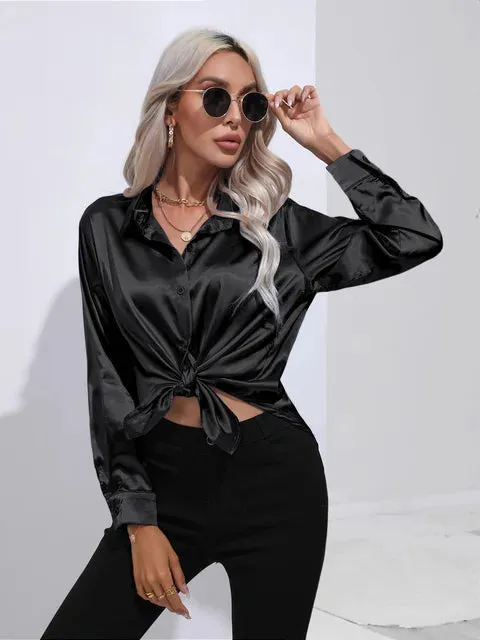 Luxe Satin Elegance - Women's Relaxed Fit Button-Up Blouse