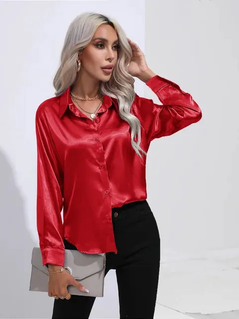 Luxe Satin Elegance - Women's Relaxed Fit Button-Up Blouse